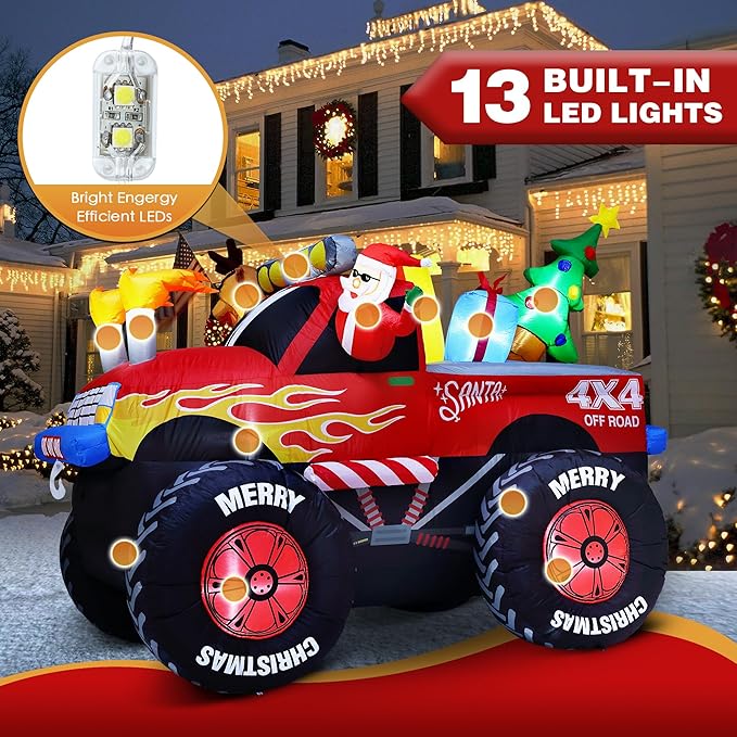 8 FT Long Santa in Monster Truck Christmas Inflatables Outdoor Decorations, Christmas Blow Up Santa Claus Yard Decorations for Garden Lawn Xmas Decor