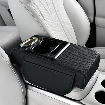 GioXtra Car Armrest Box Mat - Multi-Functional Black Leather Center Console Cover Waterproof Height Enhancement Cushion with Storage Box Cup Tissue Phone Holder Card Pocket for Car Interior Accessory