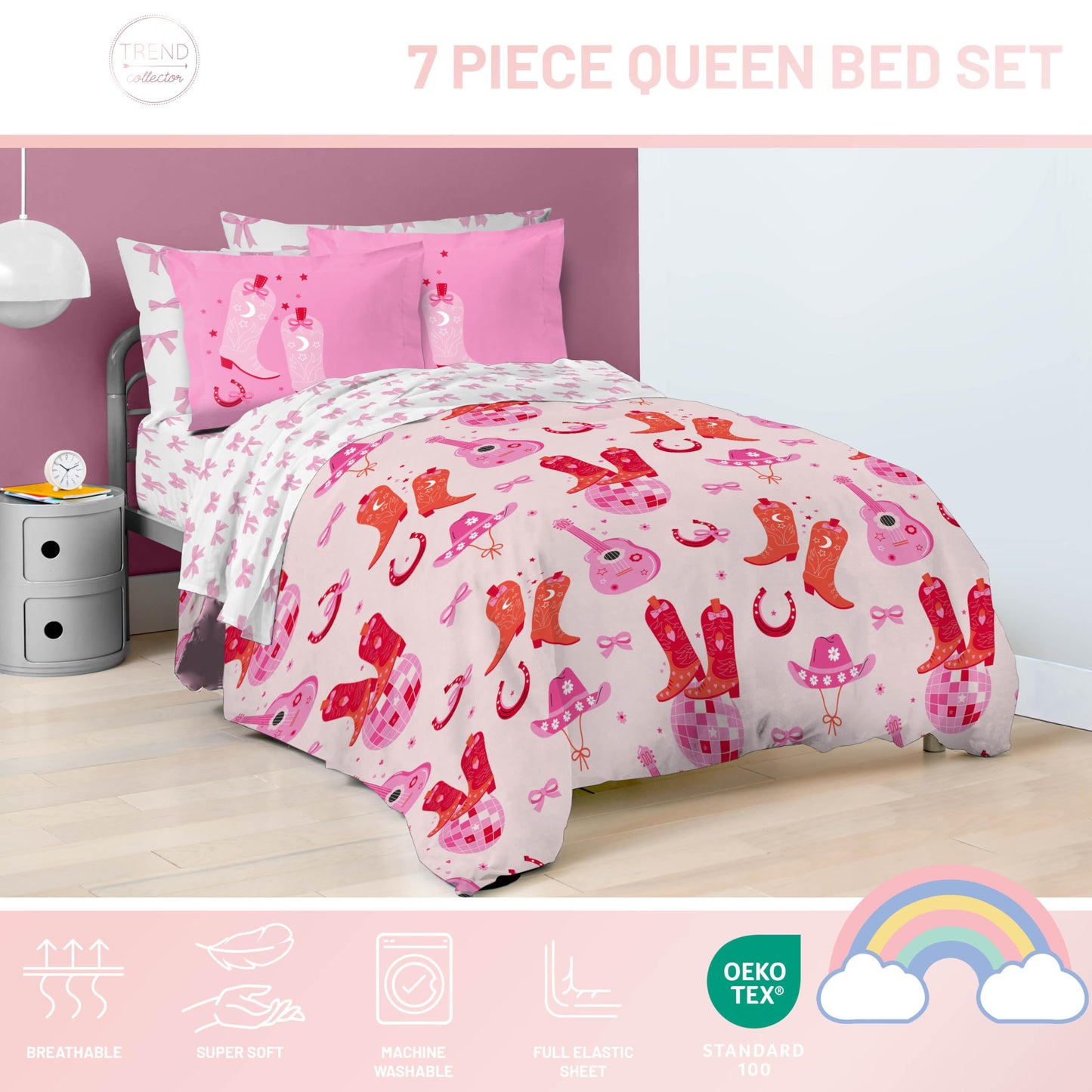 Jay Franco Kids Bed Set, Pink, Cowgirl Boots & Bows, 7 Piece Queen