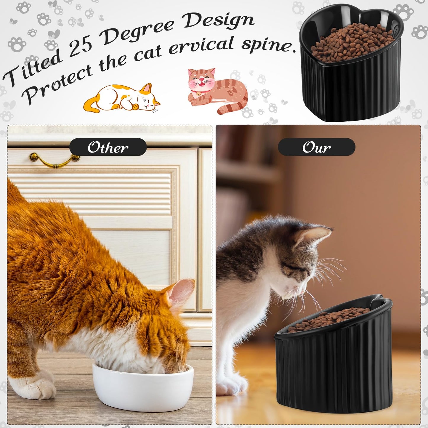 Mumufy 2 Pcs Ceramic Elevated Cat Bowls Tilted Elevated Raised Pet Bowls Anti Vomit Cat Dish for Indoor Stress Free Water Dish Feeder for Puppies, Heart Shaped(Pearly White, Black)