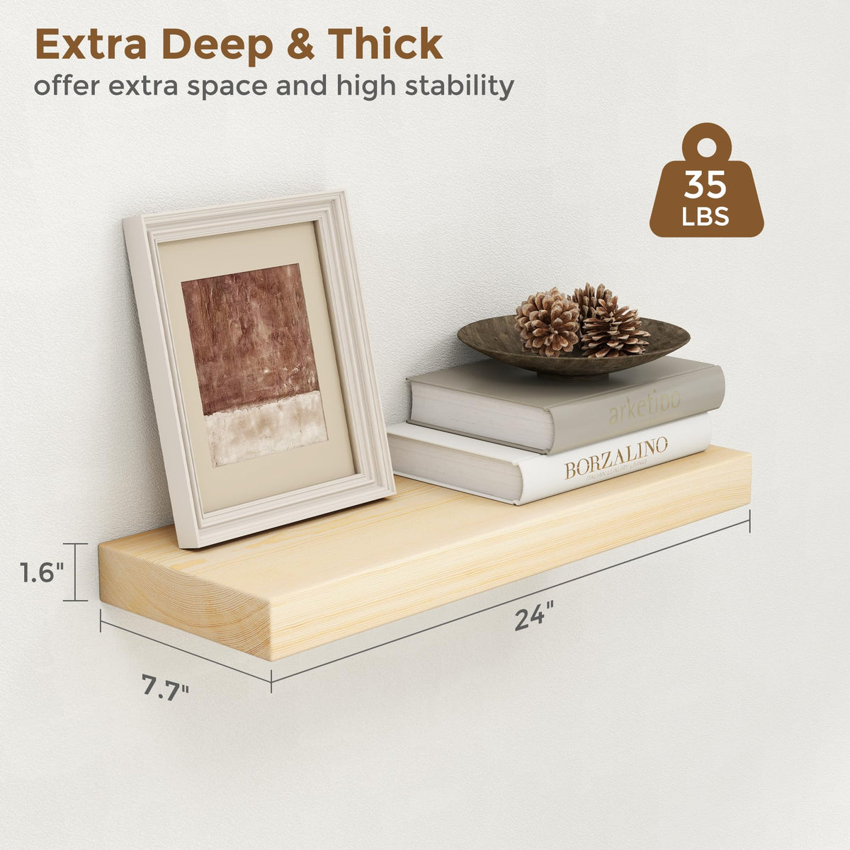 Marsmiles Natural Floating Shelves for Wall - 24 Inch Unfinished Wooden Floating Shelves Set of 2-24 Inch Wide x 7.7 Inch Deep x 1.6 Inch Thick Natural Wood Shelves for Room Wall