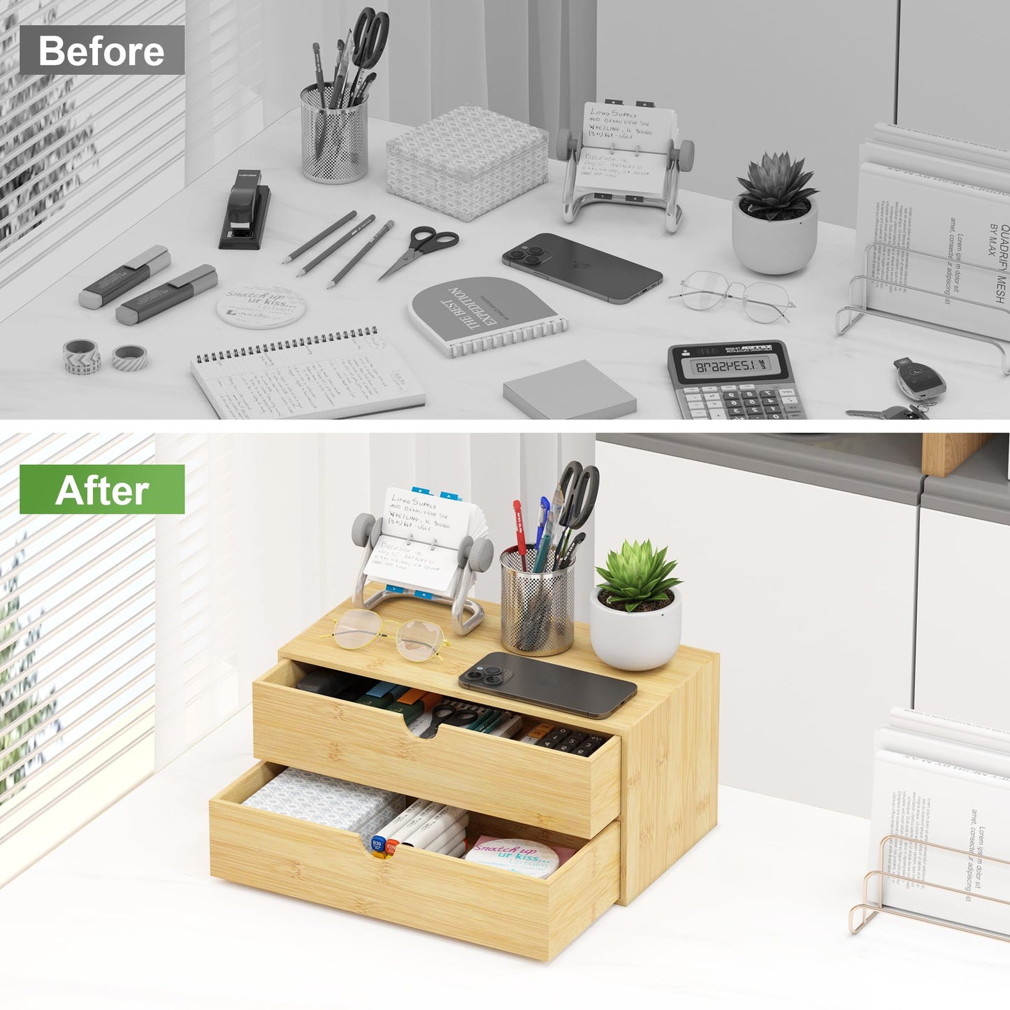 Wisuce Desk Organizer with Drawers - Bamboo Desktop Organizer Storage | White-Natural Wood Desk Drawers Organizer for Bills, Office Supplies, Cosmetics, Seals No Assembly Required(2 drawers edge-free)