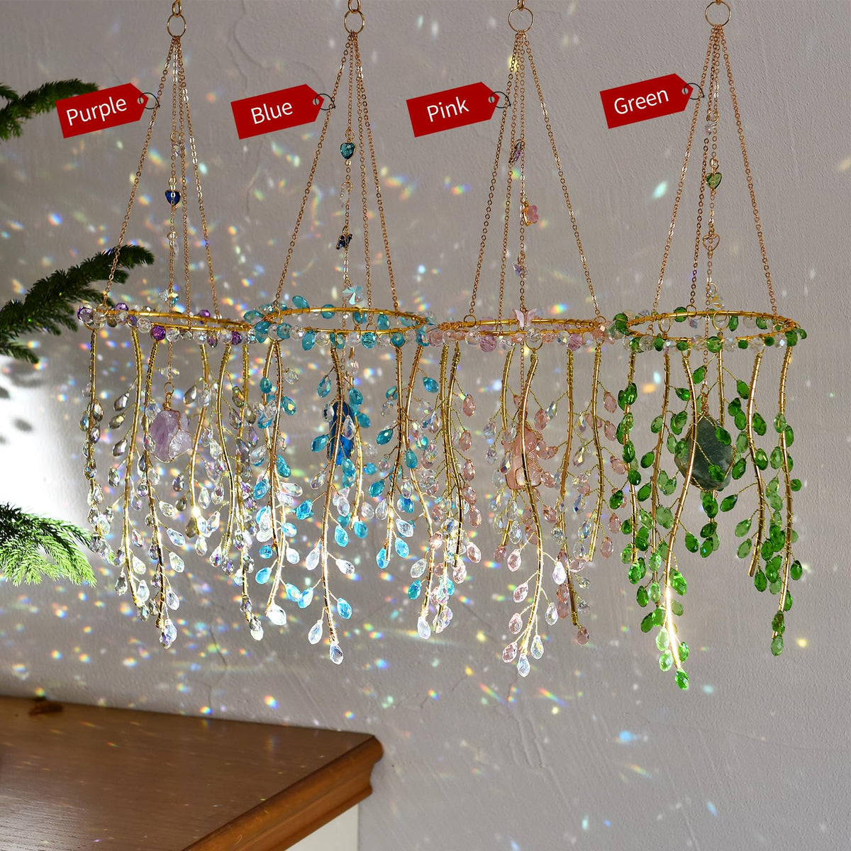 Crystal Hanging Suncatcher with Natural Stone, 16.9 Inch Decorative Wind Chime, Gold Chain & Branch Design (Purple)