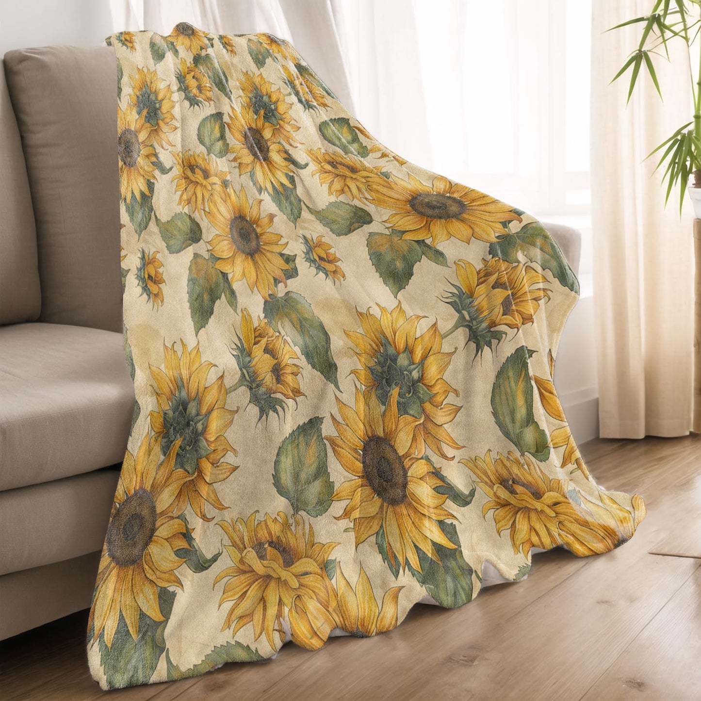 qxfqxf Vibrant Sunflower Blanket Lightweight Blankets Gifts for Women Flannel Throw with Floral and Green Leaves on Warm Beige Background Printed for Sofa, Bed, Travel, Decor Throws 60x50 Inch