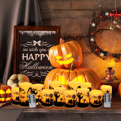 CLTNIKET 12-Pack Halloween Ink Painting Large Electronic Waxes with Remote Control, Flameless LED Candles for Halloween Spooky, Halloween Ambient Sense Artifacts.