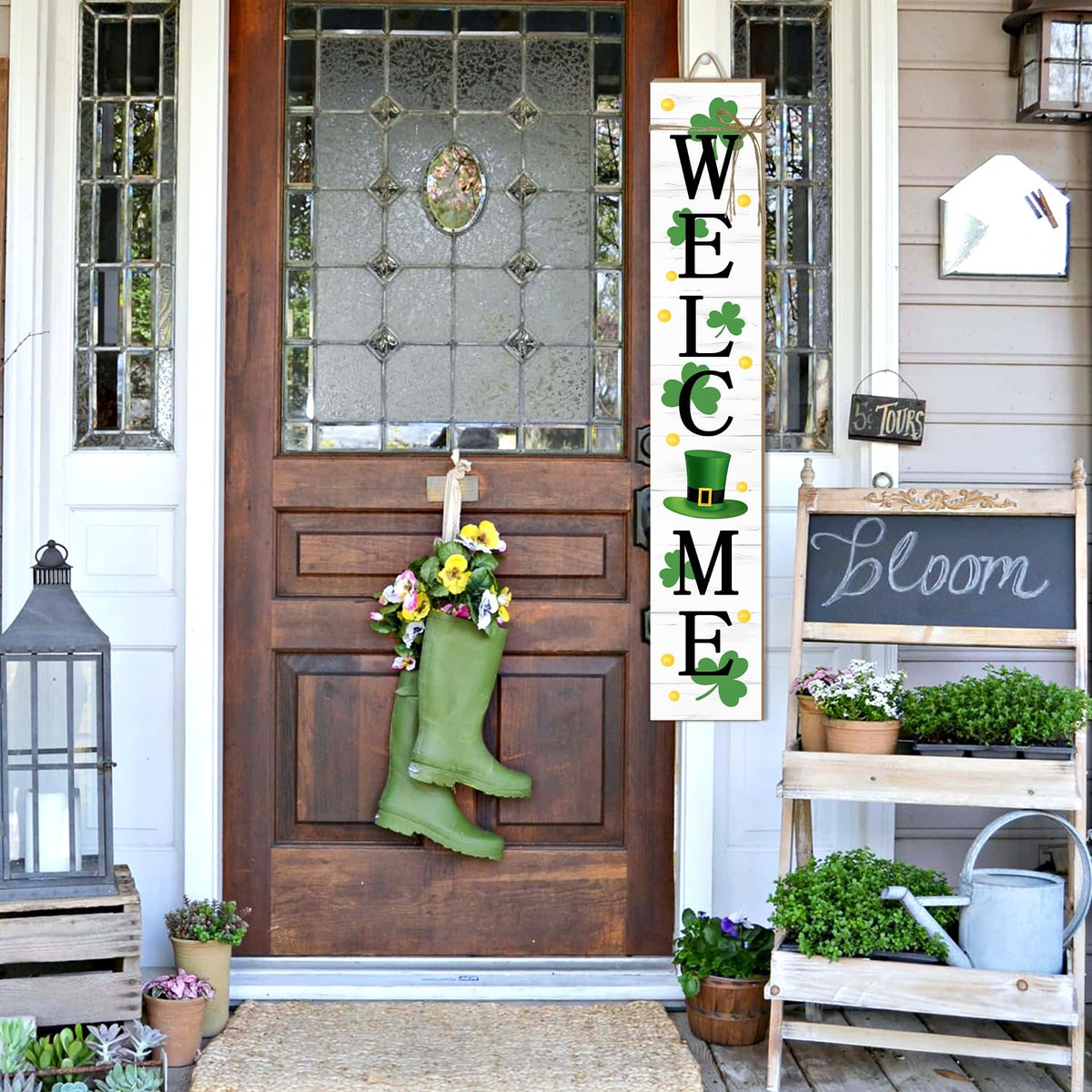 St. Patrick's Day Wooden Porch Sign 47" Spring Large Welcome Porch Sign for Home Front Door Yard Clover Party Decor (Green)