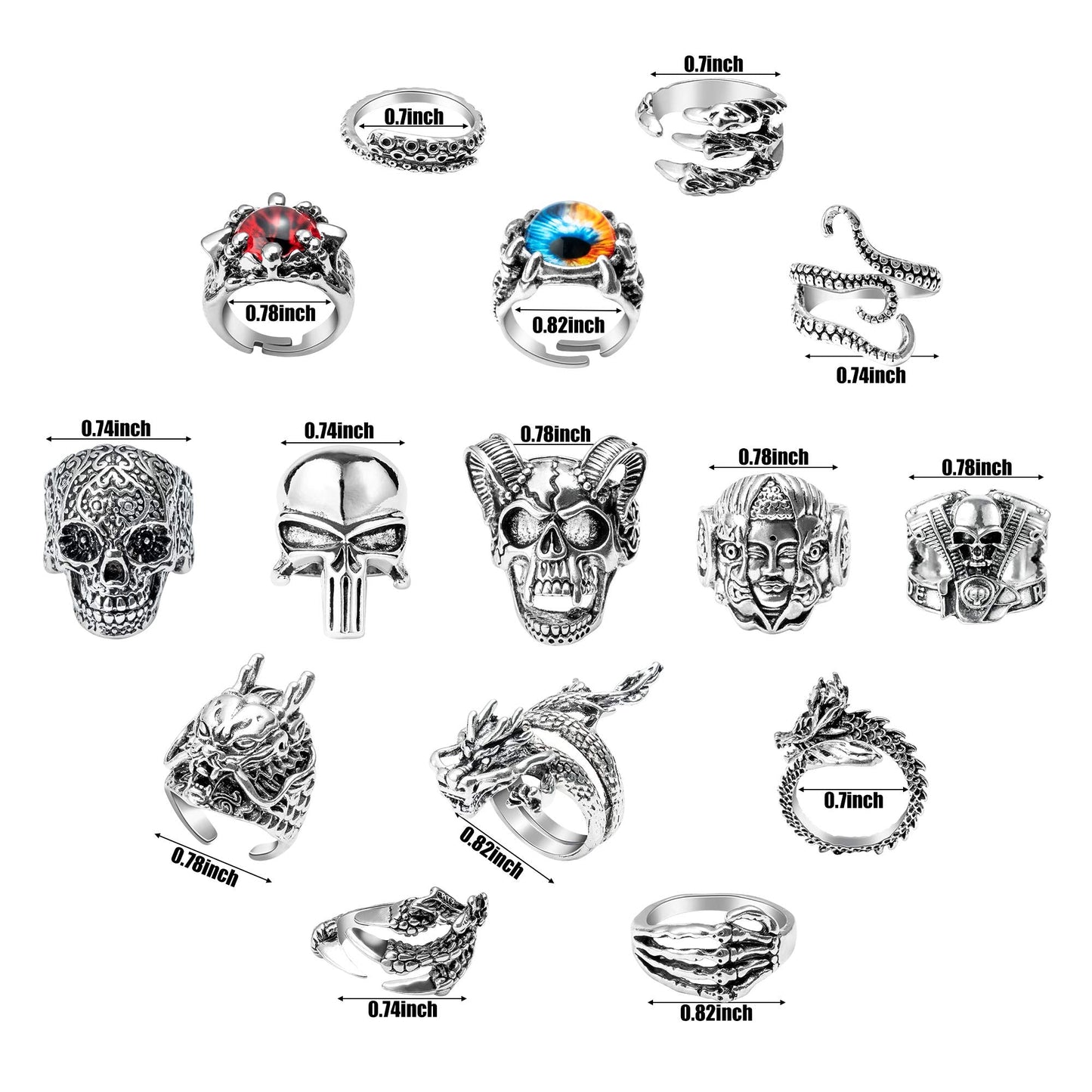 PANTIDE 16Pcs Vintage Silver Punk Rings Set for Men Women, Gothic Alloy Biker Adjustable Rings, Halloween Skeleton Skull Evil Eye Dragon Claw Octopus Dragon Knuckle Stacking Circlet Jewelry