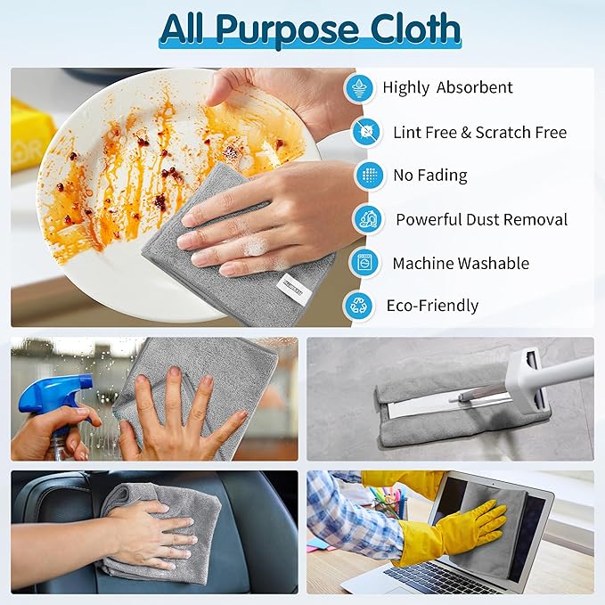 FIXSMITH Grey Microfiber Cleaning Cloth -Pack of 8, Highly Absorbent Cleaning