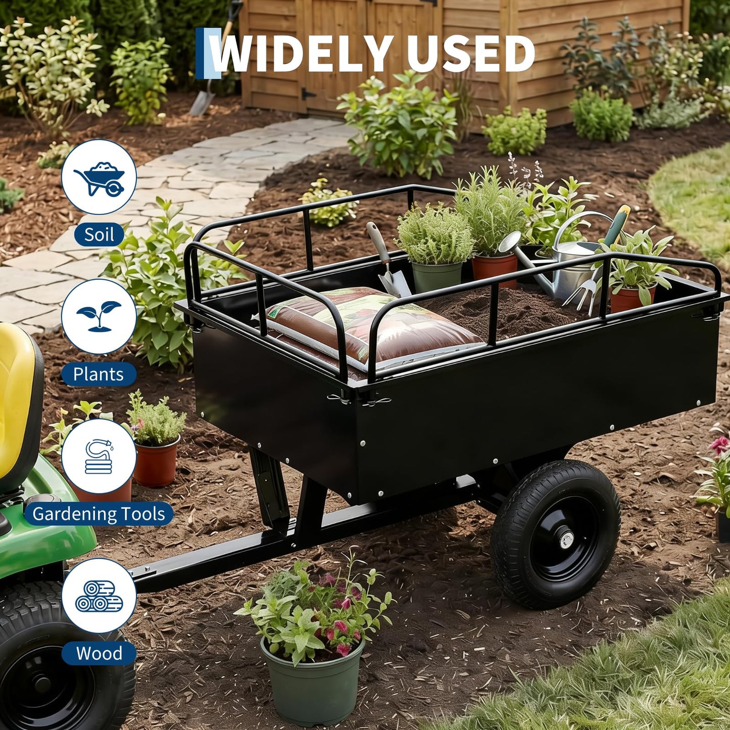 Garvee 750LB Heavy Duty Garden Dump Cart, 15 Cu ft Garden Trailer Steel Garden Cart with Removable Sides, Utility Wagon Tow Behind ATV UTV Lawn Mower Tractor, Foot Pedal Quick Dump