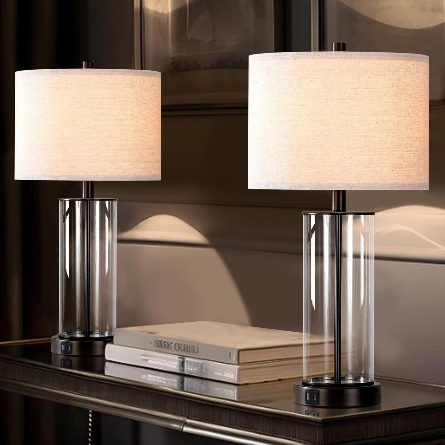 Kyrid 23.5'' Glass Table Lamp Set of 2 for Living Room with USB Ports and AC Outlets(Bulbs Included)