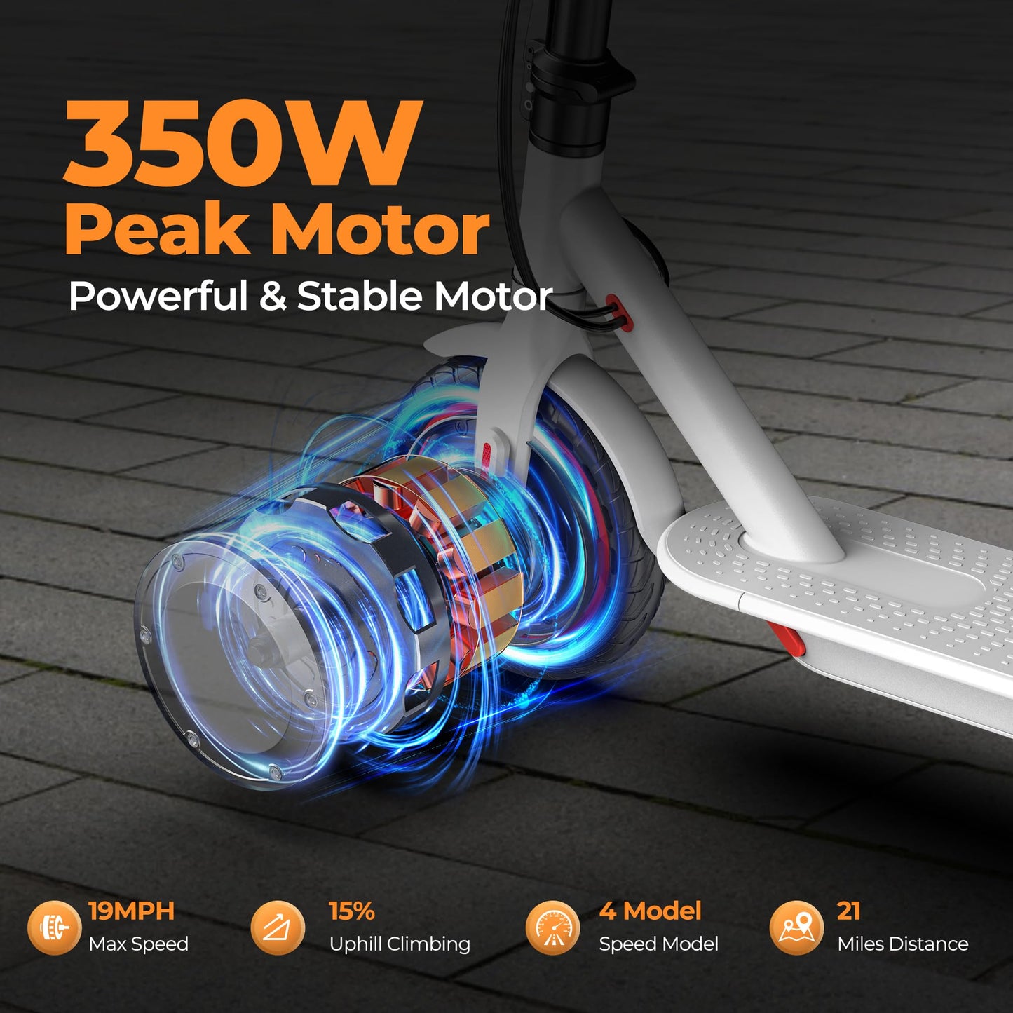 MAXSHOT Electric Scooter for Adults, 8.5" Solid Tires, 350W Motor, 19 MPH, 21 Miles Range, White Folding E-Scooter with App & Dual Brakes