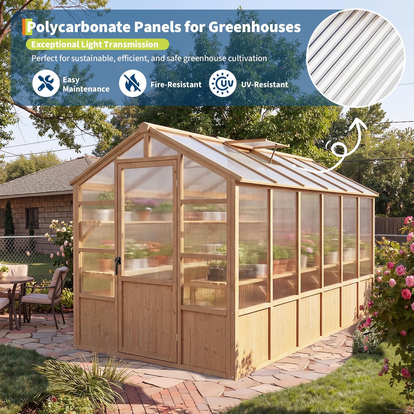 Large Wood Frame Greenhouse for Outdoor - Wooden Walk-in Greenhouse Kit with Polycarbonate Panels, Ventilated Window & Lockable Door for Garden, Backyard, Patio, Lawn, Plant House