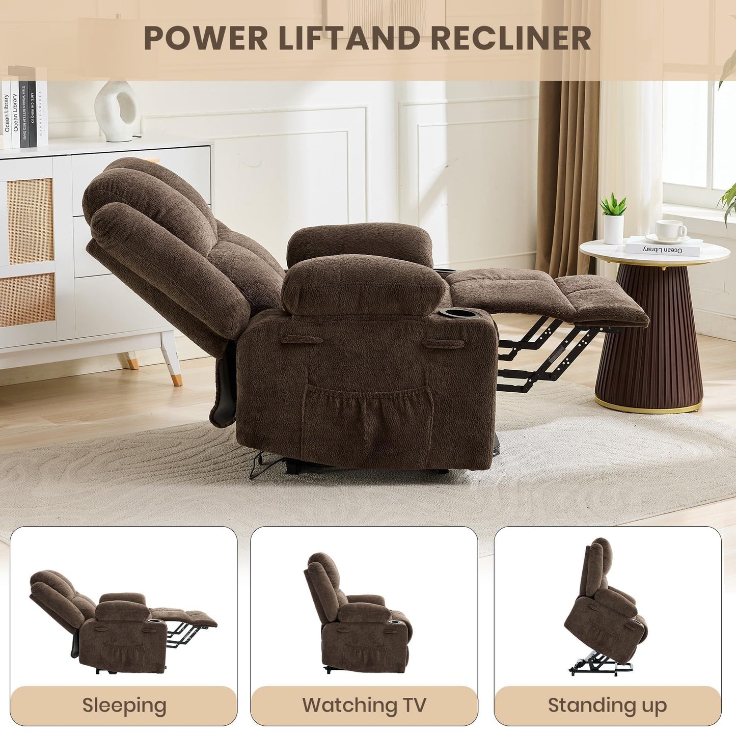 MilleLoom Oversized Power Lift Recliner Chair for Elderly with Vibration Massage and Lumbar Heating,150°Adjustable Lay Flat Lift Chair Electric Recliner Chairs,Stand Assist for Living Room,Brown