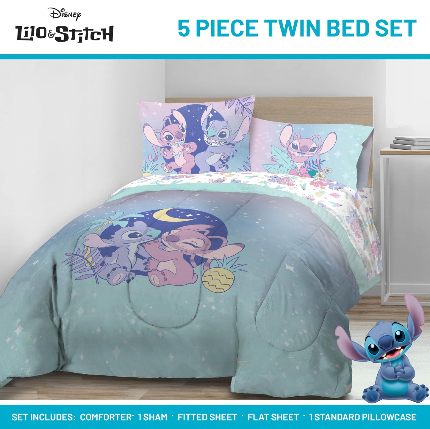 Disney Lilo & Stitch Twin Comforter Set, 5 Piece Bed in a Bag with Stitch & Angel - Super Soft Fade Resistant Microfiber Girls Bedding - Machine Washable (Officially Licensed Disney) by Jay Franco