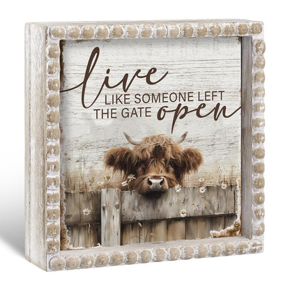 Yousoontic Highland Cow Farmhouse Bathroom Decor Wooden Sign Rustic Western Bathroom Decor 6 Inch Funny Restroom Decorative Plaque for Home Kitchen Shelf Table (Live Like Someone Left the Gate Open)