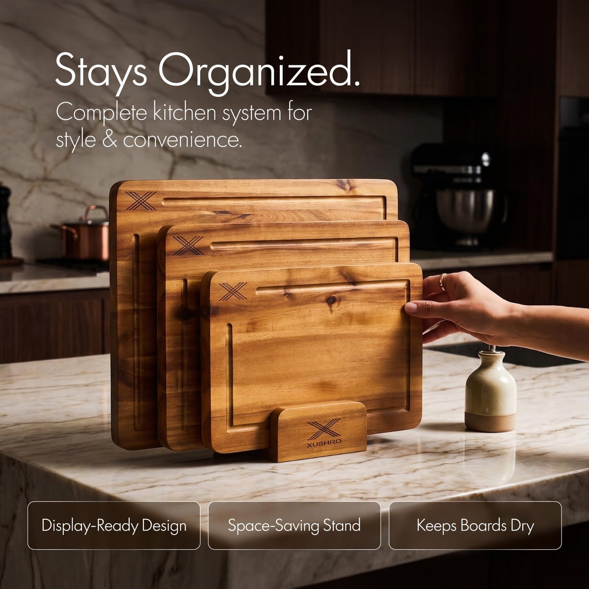 Xushro Acacia Wood Cutting Board Set of 3 with Stand - Thick Wooden Chopping Boards with Deep Juice Grooves - Non-Slip & Durable Wooden Boards for Meat & Vegetables (16x12, 14x10, 12x8) - Natural