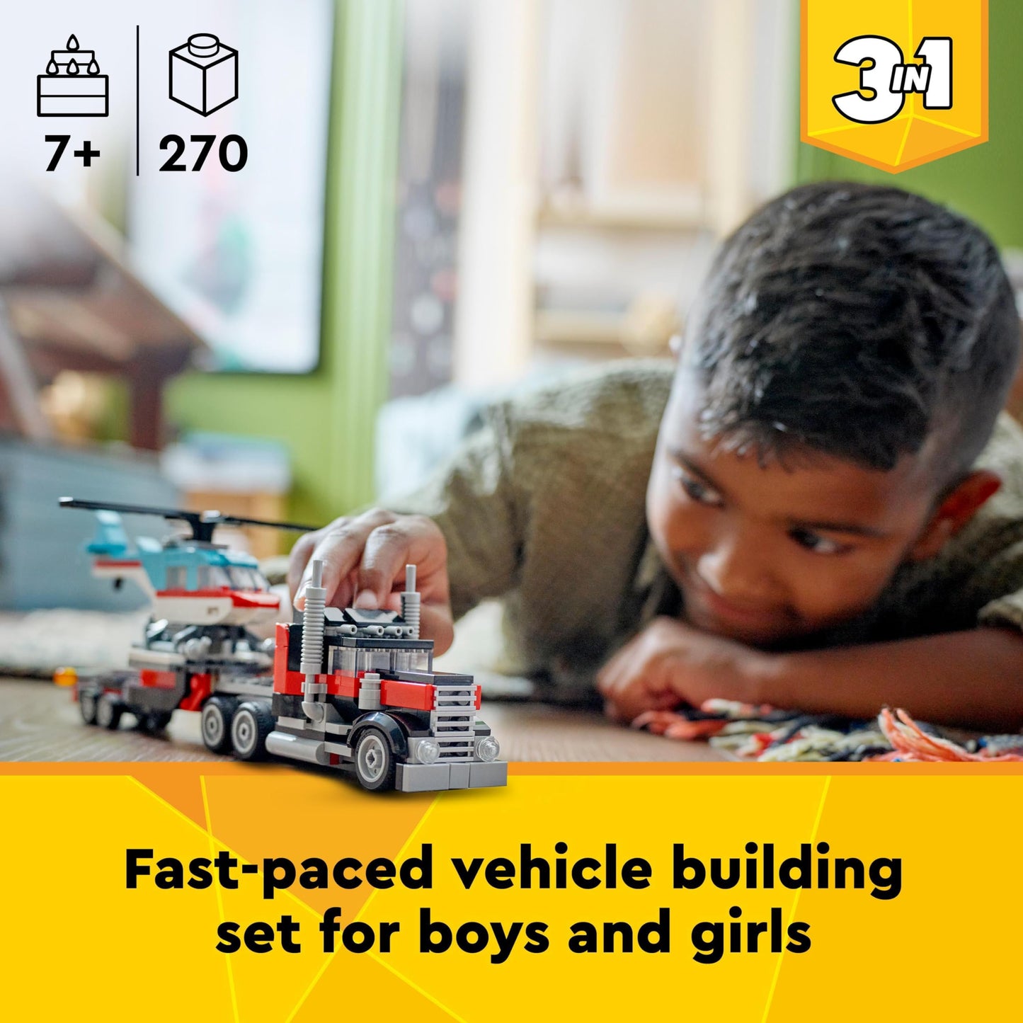 LEGO Creator 3in1 Flatbed Truck with Helicopter Toy to Propeller Plane and Fuel Lorry to Hot Rod and SUV Car Toys for 7 Plus Year Old Boys, Girls and Kids who Love Cool Vehicles, Gift Idea 31146