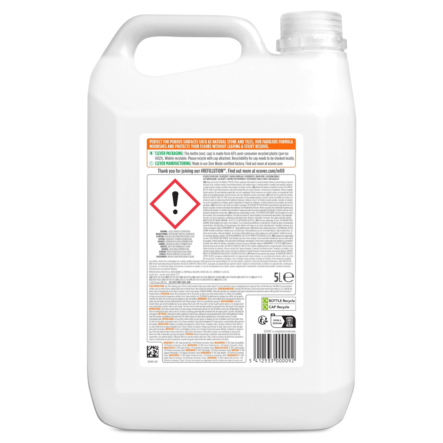 Ecover Floor Soap Refill, Multi-Surface Floor Soap For A Bright Finish, Orange and Lemon Scent, Pack of 1, 1 x 5L