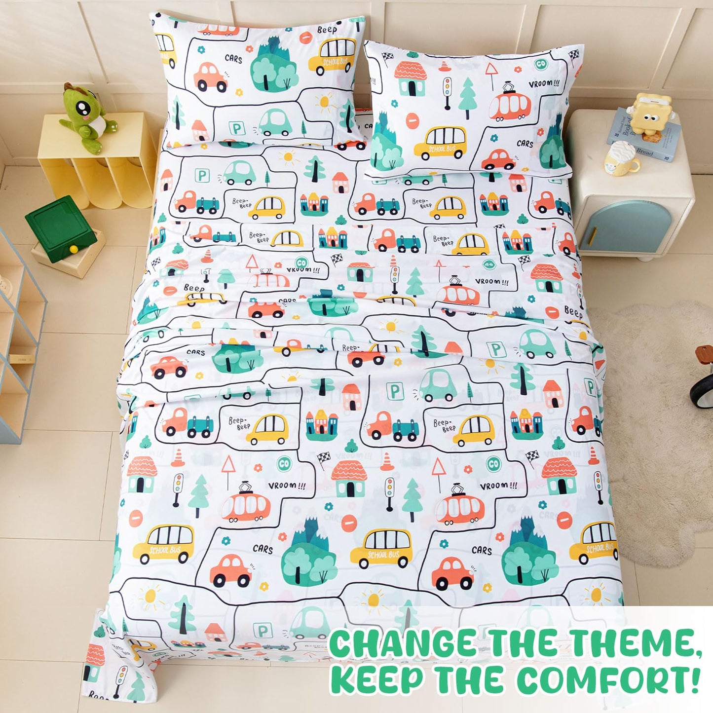 Swiftify Twin Bed Sheets Set for Boys, 3-Piece Bed Sheet Set for Toddler, Soft Brushed Microfiber Bedding, Deep Pocket, Wrinkle & Fade Resistant, Fun Car