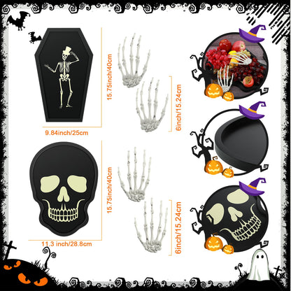 Zhehao 4 Pcs Halloween Serveware Supplies Wooden Coffin Ghost Charcuterie Board Cheese Board Serving Platter Snack Trays with Plastic Skeleton Hands Dinnerware Cookware for Home Party Dinnerware