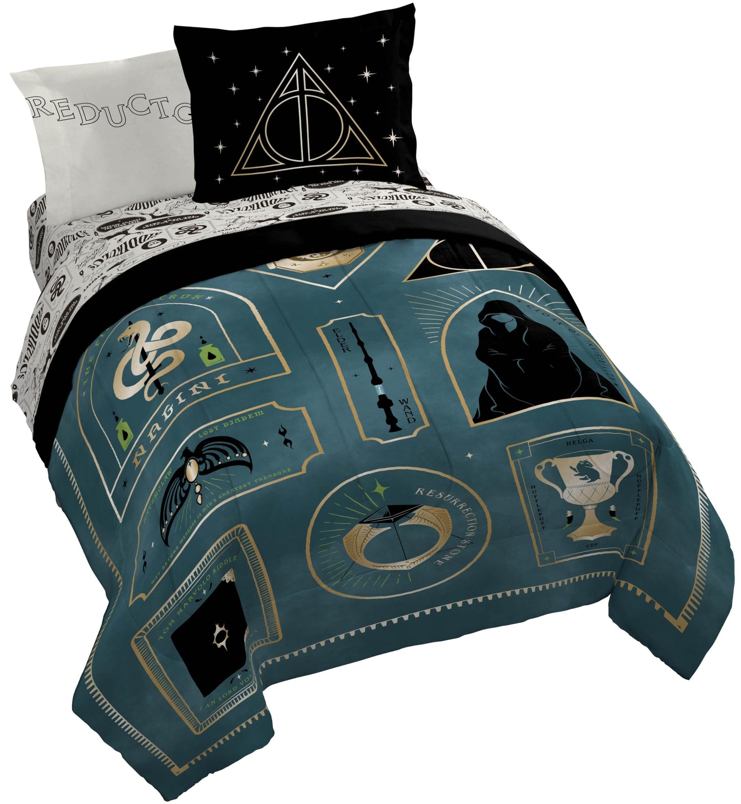 Jay Franco Kids Comforter Set Includes Sheets and Pillow Covers - Soft and Cozy Bed Set for Stylish Room Decor, Blue - Harry Potter, 7 Piece Queen Size Bedding