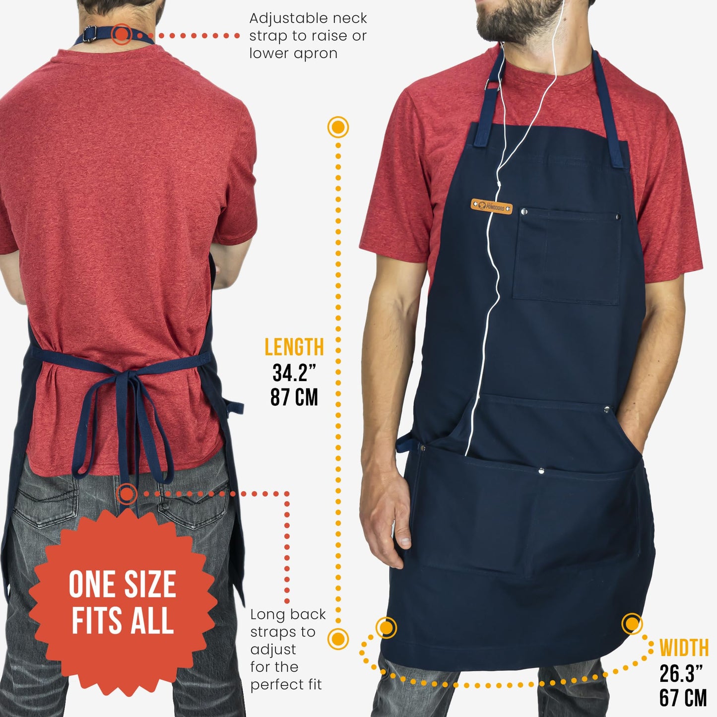Chef Pomodoro Chef Apron for Men and Women, Kitchen Apron for Women with Pockets & Adjustable Neck Straps - Navy Blue Chef Aprons, Aprons for Cooking, 100% Cotton Cooking Aprons, Machine Washable
