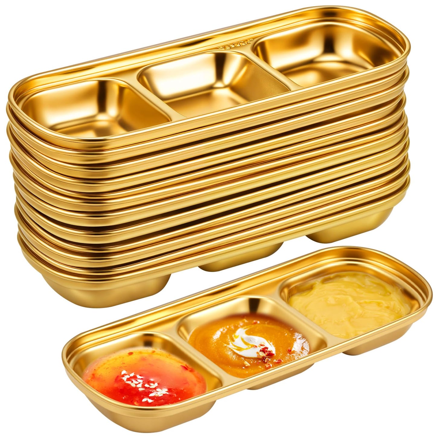 Maxcheck 12 Pcs Soy Sauce Dish Stainless Steel Divided Dip Bowls Korean 3 Compartment Sauce Plate Seasoning Dipping Condiment Tray for BBQ Vinegar Spice Salt Sugar Flavor Home Restaurant (Gold)