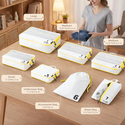 7 Set Compression Packing Cubes Travel Accessories Expandable Packing Organizers (White)