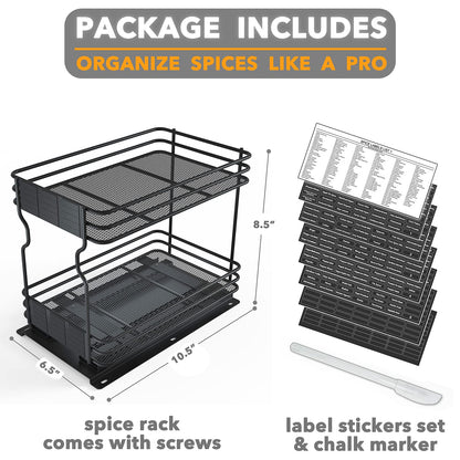 SpaceAid Pull Out Spice Rack Organizer for Cabinet, Heavy Duty Slide Out Seasoning Kitchen Organizer, Cabinet Organizer, with Labels, 4.5" W x10.75 D x8.5 H, 1 Drawer 2-Tier