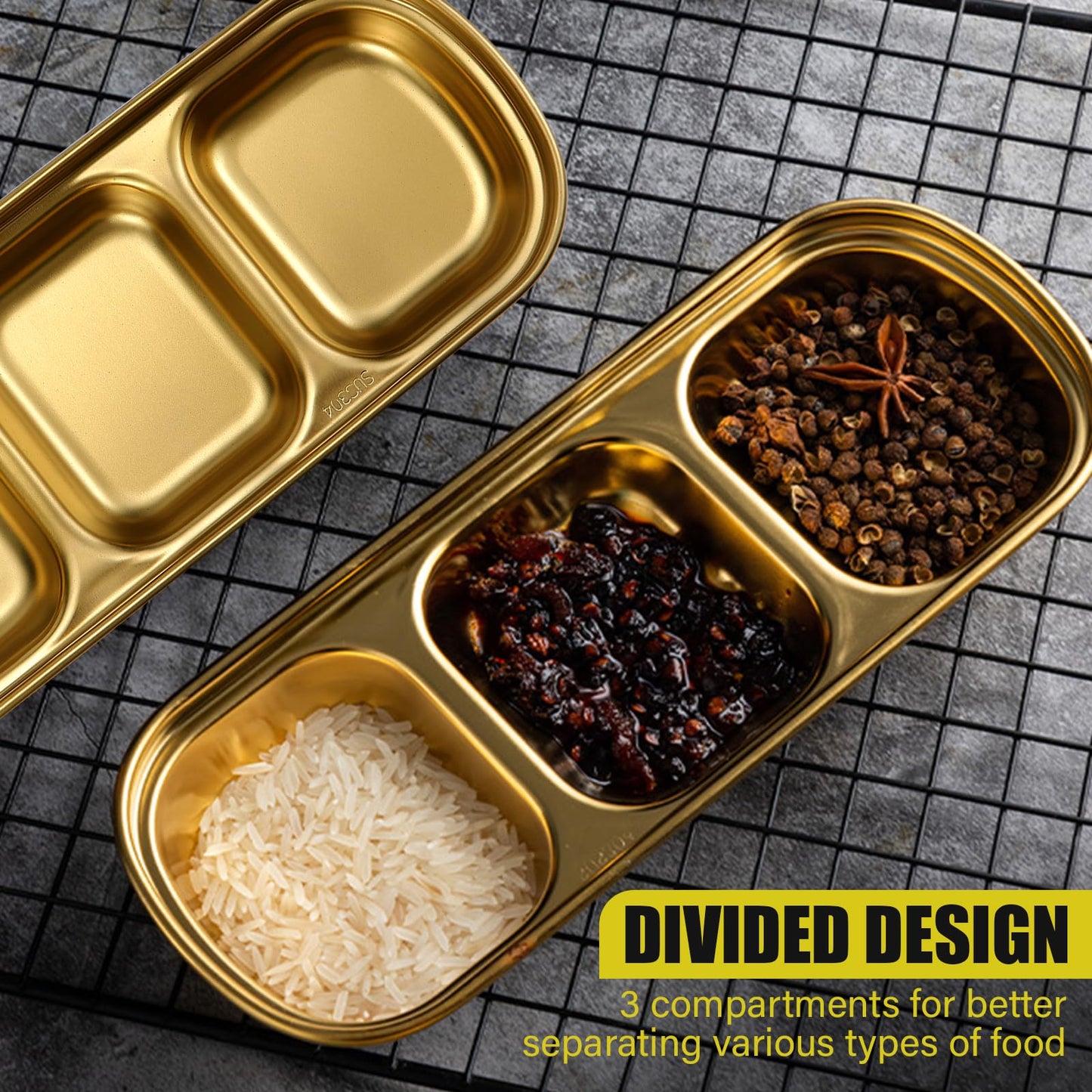 LCJAOF 3Pcs Stainless Steel Dipping Bowls-3 Compartment Appetizer Serving Tray, Soy Sauce Dish for Condiments, BBQ Sauce, and Seasoning, Dishwasher Safe, Gold