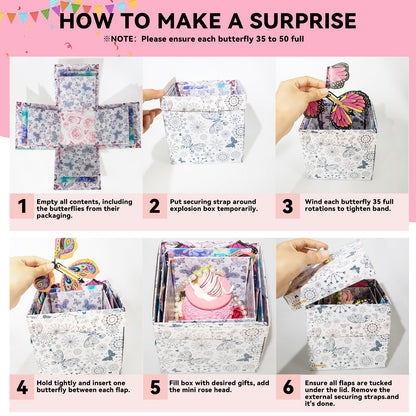 Explosion Mother’s Day Gift Box, Flying Butterfly Surprise Gifts Box, DIY White Included Butterfly Kit and Faux Rose Head for Birthday, Mothers Day Gifts & Fathers Day Gift, Weddings, Anniversaries