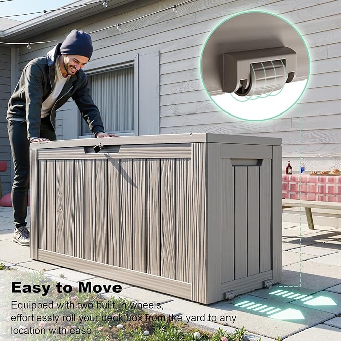 DRATO 75 Gallon Deck Box, Waterproof Resin Large Outdoor Storgae Box for Patio Furniture, Patio Cushions, Gardening Tools, Pool Supplies, Lockable（Gray，75 Gallon）