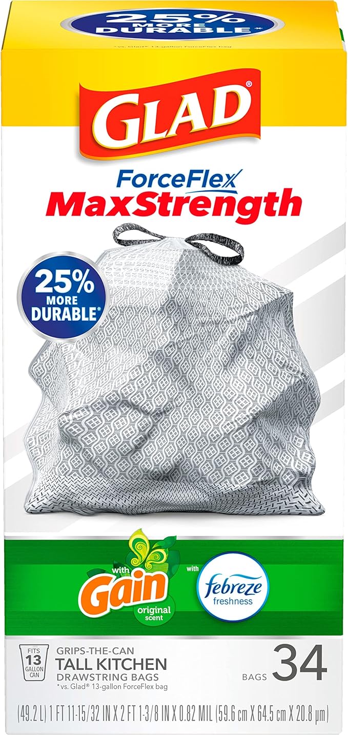Glad Tall Kitchen Trash Bags 13 Gallon, Gain Original Garbage Bags, Odorshield