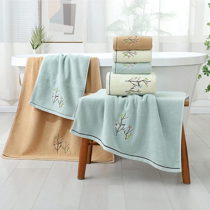 Pidada Bath Hand Towel Set of 3 Embroidered Bird Tree Pattern 100% Cotton Soft