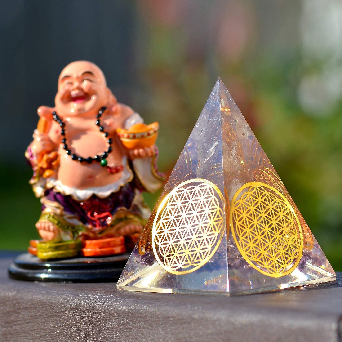 Orgonite Crystal Handmade Amethyst Pyramid with Flower of Life Symbol – Resin Decor for Meditation, Yoga, Chakra Balancing, Spiritual Gift, Desk or Home Display