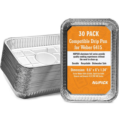 NUPICK 30 Pack Grill Drip Pans Compatible for Weber, 6415 Grill Accessories for Weber Spirit, Genesis, Traveler, Q Series - Grill Grease Pan Liners - Disposable Aluminum Foil Grease Trays - 8.5" X 6"