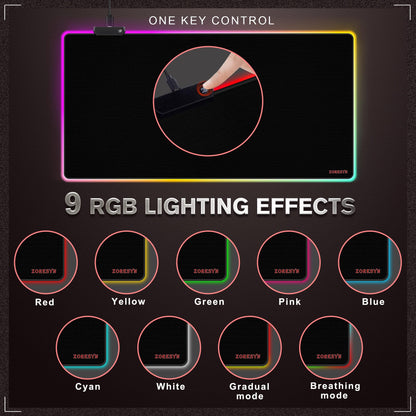 ZORESYN Large RGB Gaming Mouse Pad, 47.2x19.7 Inch Extended LED Mousepad with 9 Lighting Modes, Non-Slip Rubber Base, Smooth Surface, USB-C Powered, for PC Laptop Computer Gamer - Black