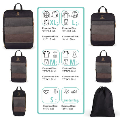6 Set Compression Packing Cubes for Travel, Bunnychill Portable Zipper Packing Cube for Cloting, Expandable Space Saver Storage Luggage Organizer Bags for Suitcases(Black)