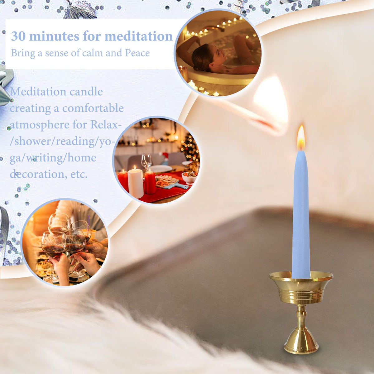 30 Minute Meditation Candle Seasalt Scented Mini Taper Candles with Brass Holder & Candle Sticky Dots, Blue Meditation Candles for Ritual Prayer Yoga Relaxation, 30PCS