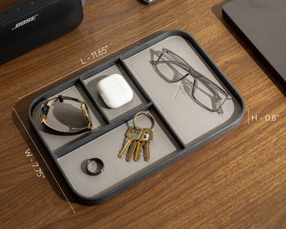 MUUJEE Leather Catchall Multitray (Design 2) - 11.65 x 7.75 x 0.8, Mountain Design Embossed Minimalist Wallet Tray for Men, Thoughtful Husband Gift, Desk EDC Organizer for Watch Keys Glasses, Gray