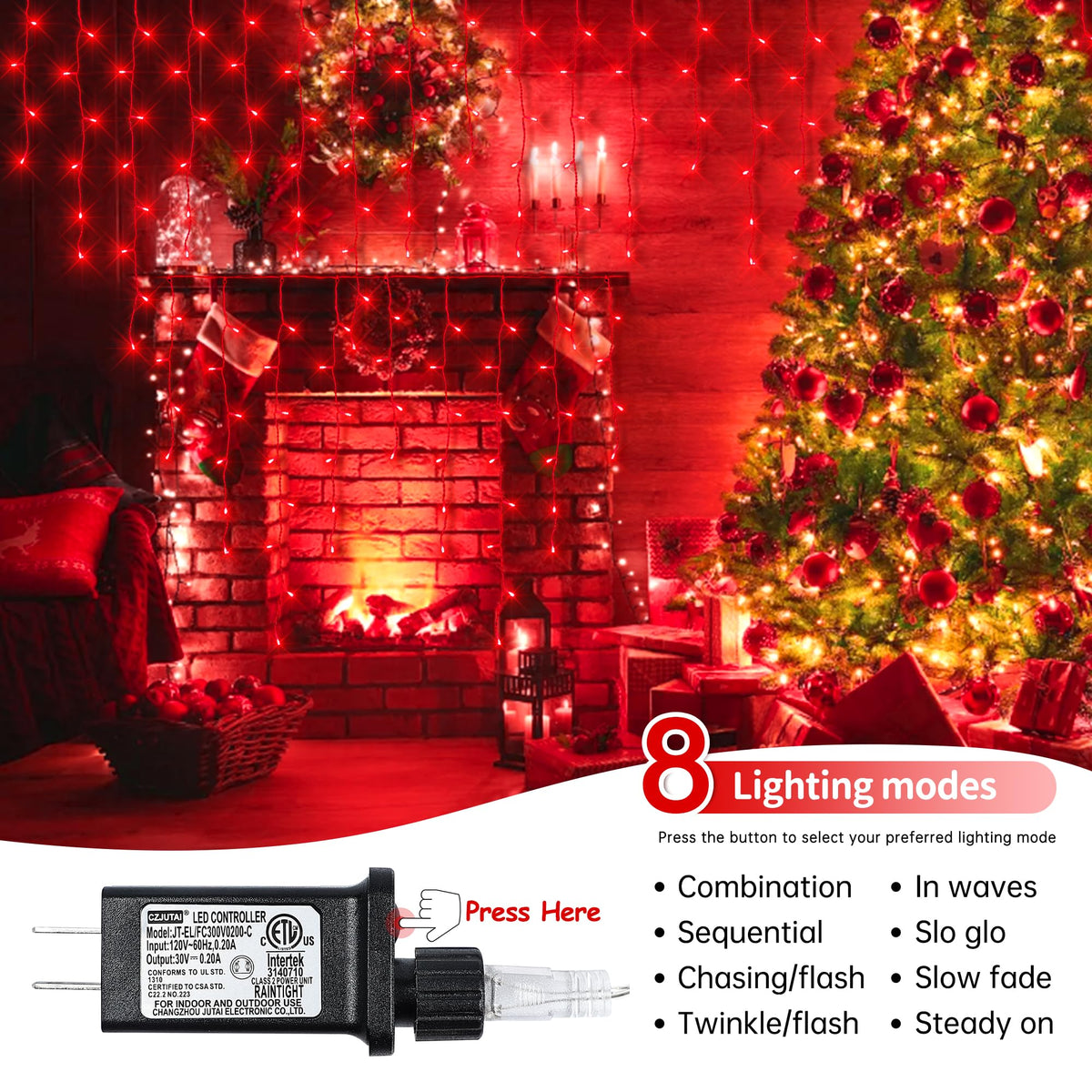 oopswow Christmas Icicle Lights Outdoor,300LED 33FT Christmas String Lights,Connectable Valentine's Day Lights with 30V Plug in for Valentine Wedding Party Eave Garden Wall Indoor Decor, Red