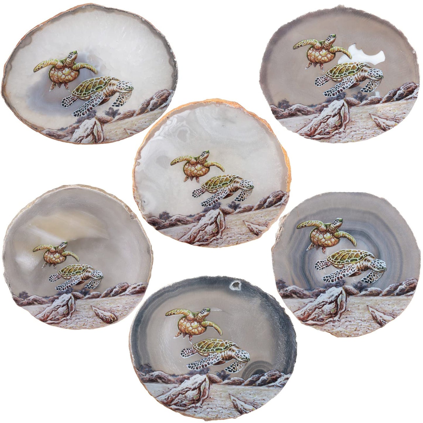 Nupuyai Natural Agate Stone Slice Decor for Home Office, Irregular Geode Agate Painting Artwork with Wooden Stand, Sea Turtle