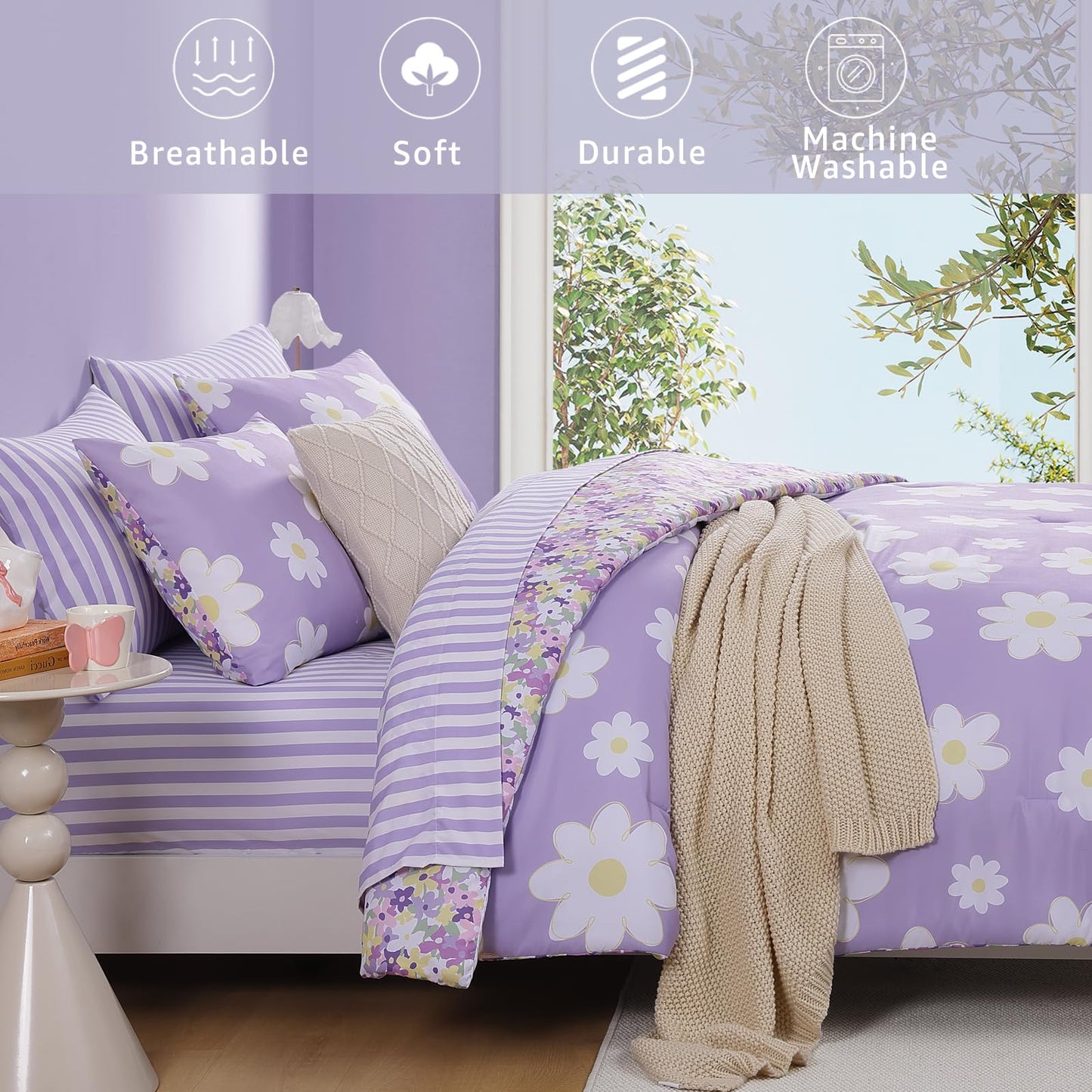 AMBERSPACE Twin XL Comforter Set for Girls, Purple Daisy Kids Bedding Set Reversible with Cute Floral, All Season Bed in a Bag Dorm 5 Pieces with Sheets, Pillowcase & Sham