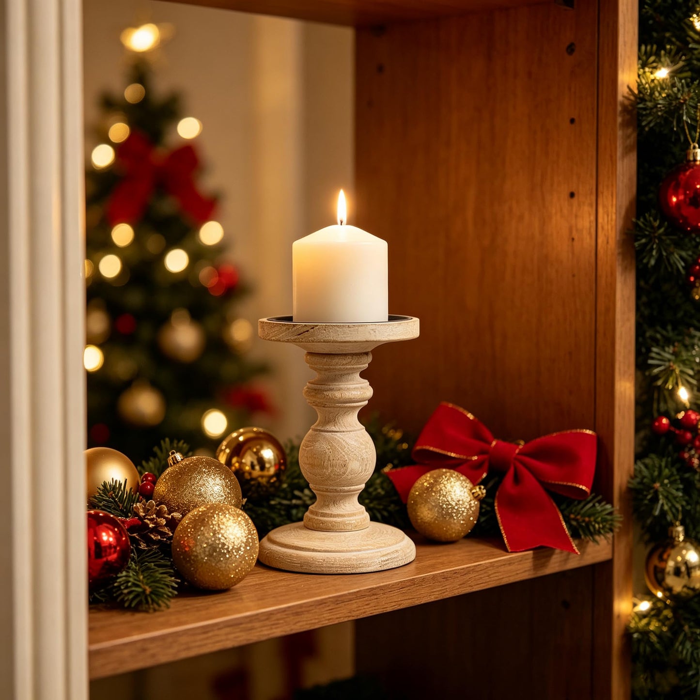 Hosley Antique White Wooden Pillar Candle Holder Country Style 7 Inch High Ideal Gift for Wedding Party Special Occasion or as a Candle Holder W1
