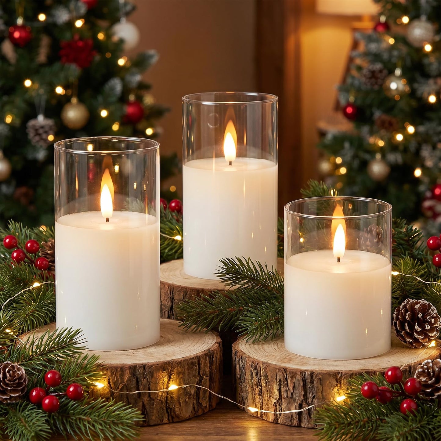 GenSwin Rechargeable Flameless Candles with Remote Timer, Clear LED Battery Operated Candles with Flickering Flame, Glass and Real Wax Pillar Candle Holiday Home Decor(Set of 3, D3”xH4”5”6”)