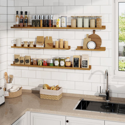 RICHFOCUS Picture Ledge Shelf, 16 inch Floating Shelves Set of 2, Wood Wall Shelves with Lip, Wall Decor Storage for Bedroom Living Room Bathroom Kitchen Nursery Photo Picture, Oak