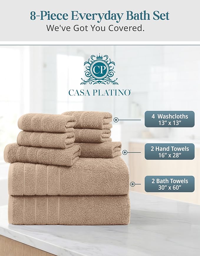 Casa Platino 100% Luxury Cotton Bathroom Towel Set 8 Pcs