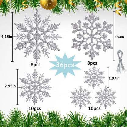 36 Pack Silver Snowflake Ornaments Plastic Glitter Snow Flakes Ornaments for Winter Christmas Tree Decorations Size Varies Craft Snowflakes