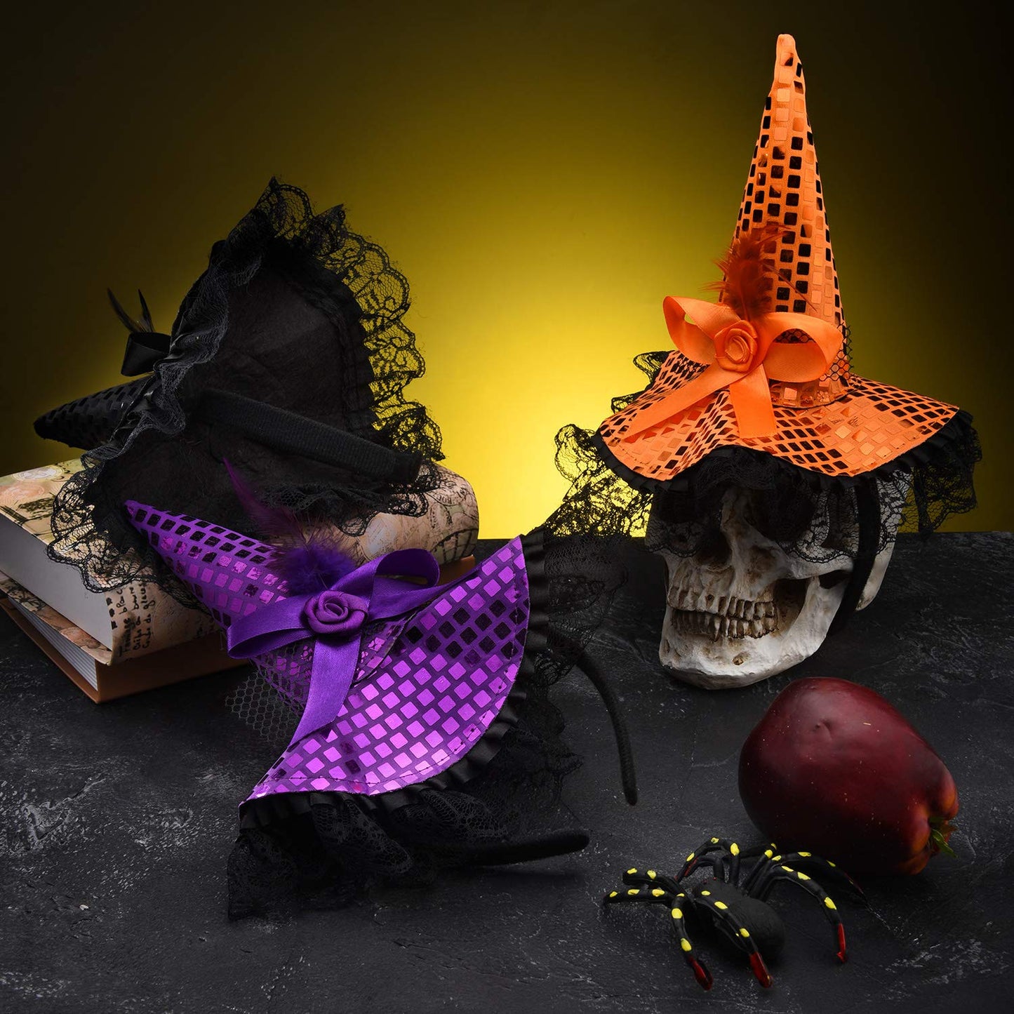 WILLBOND 3 Pieces Witch Hat and Feather Headband for Halloween Costume Dress Accessories, 3 Colors (Orange, Black, Purple)