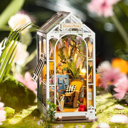 ROBOTIME Book Nook Kit Gardenhouse with LED Lights, DIY Miniature Dolls House Kit 3D Wooden Puzzle Bookend Booknook Book Shelf Decoration Gift